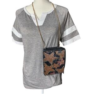 Beaded small fun purse crossbody with side zipper and top snap gold chain